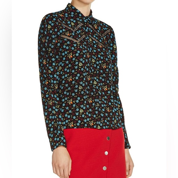 MAJE NWOT Catila Floral Print Crepe Shirt in Black - Picture 2 of 9